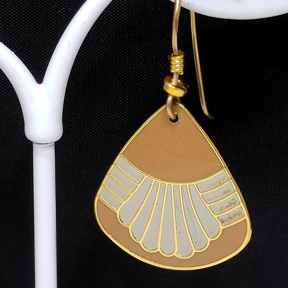 Vintage Laurel Burch Waterfall Earrings, Gold Plated, Beige & Gray Enamel - Picture 3 of 10